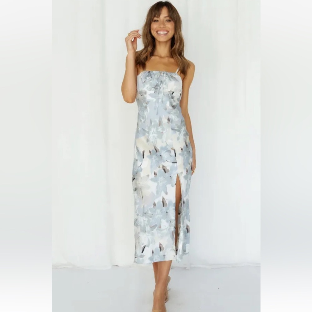 NWT Hello Molly "Girl in the Garden" Floral Midi Blue & White Dress Size Small